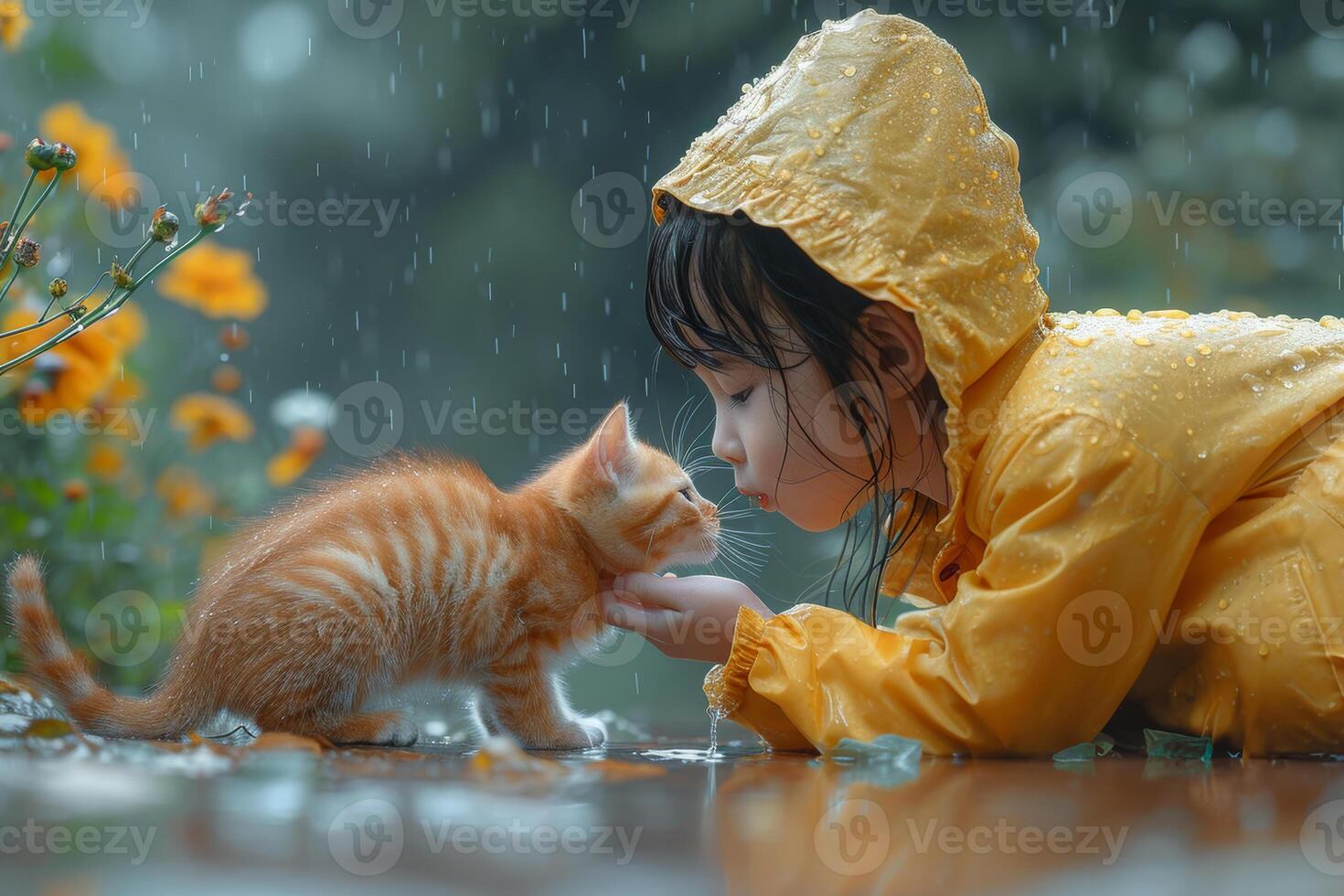 ai généré asiatique fille portant imperméable embrasser chaton dans le pluie photo