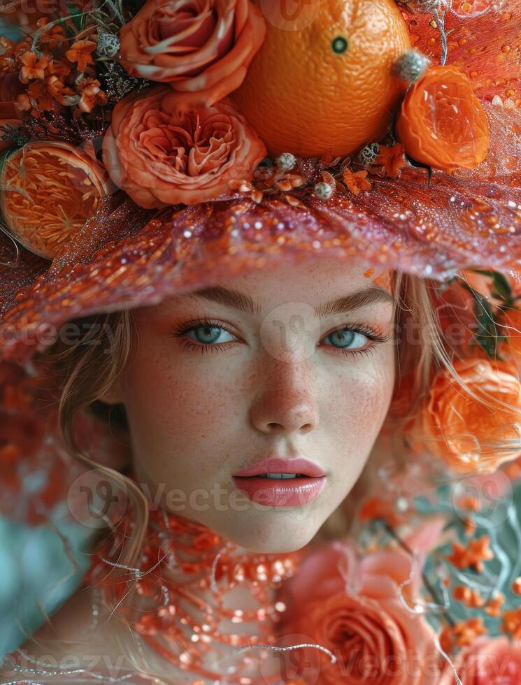 ai généré portrait de magnifique Jeune femme avec Orange maquillage et chapeau avec des oranges photo
