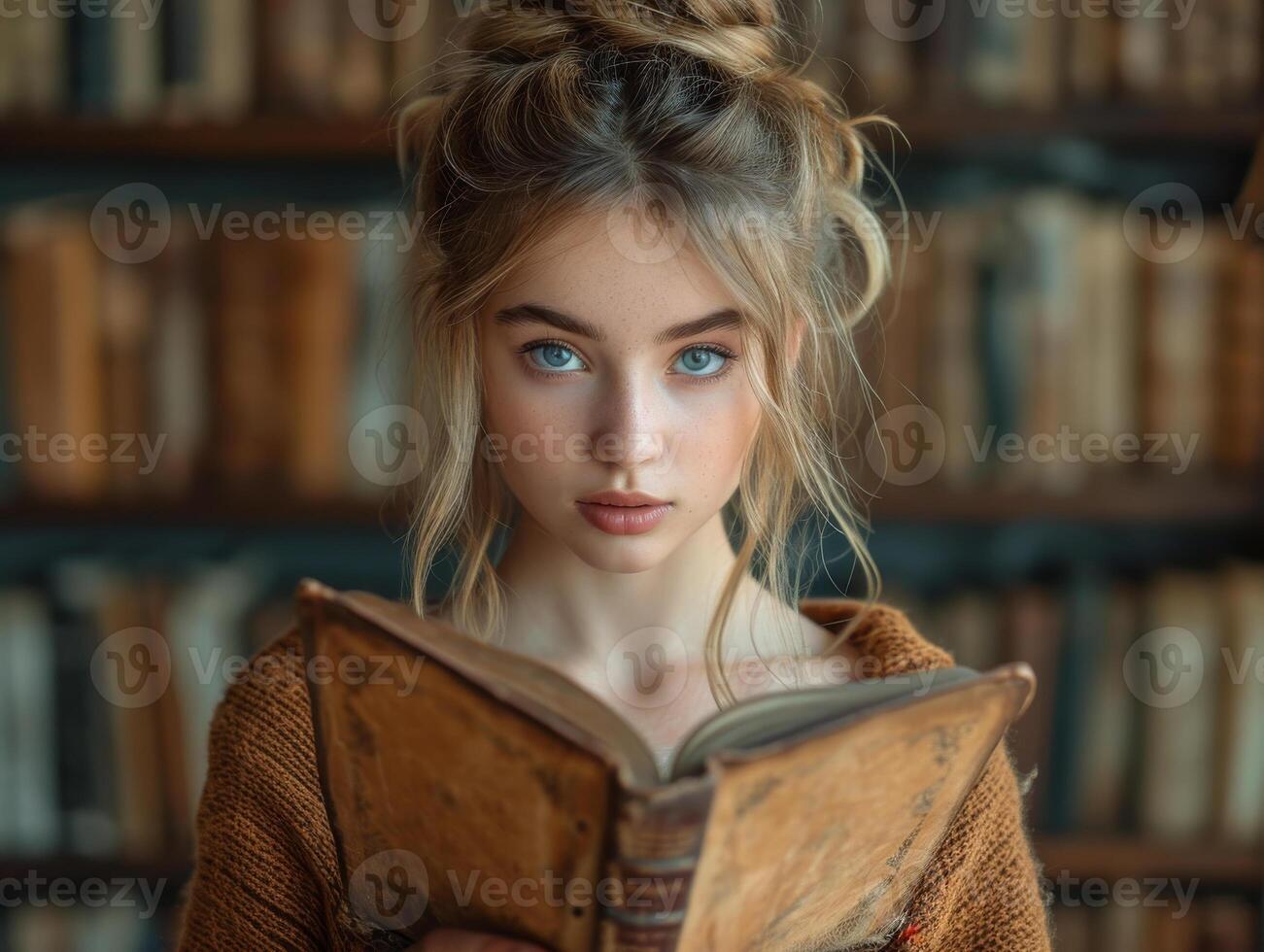 ai généré magnifique Jeune fille des stands avec livre dans le bibliothèque par le étagères. photo