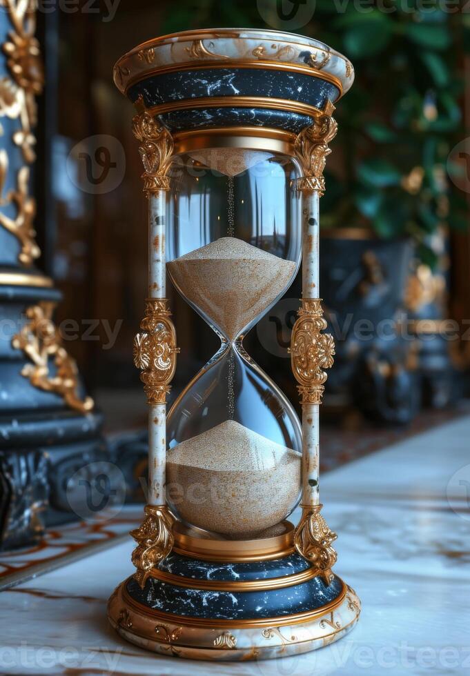 ai généré ancien Sablier des stands sur le marbre tableau. un Sablier avec le sable dans le milieu de il photo