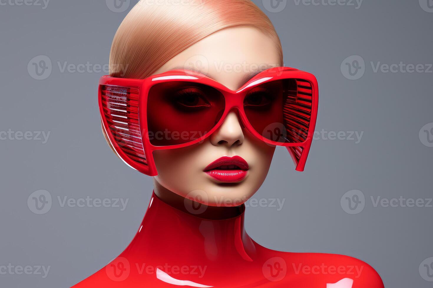 ai généré sophistiqué femme rouge des lunettes avenir. produire ai photo