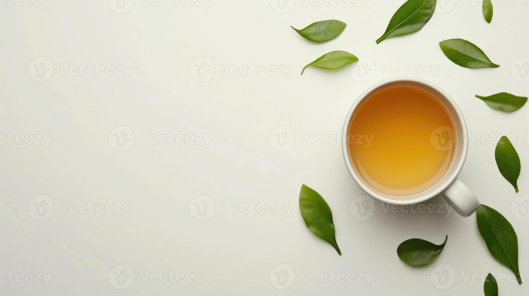 ai généré tasse de thé sur une plaine blanc Contexte avec feuilles, Haut voir, copie espace photo