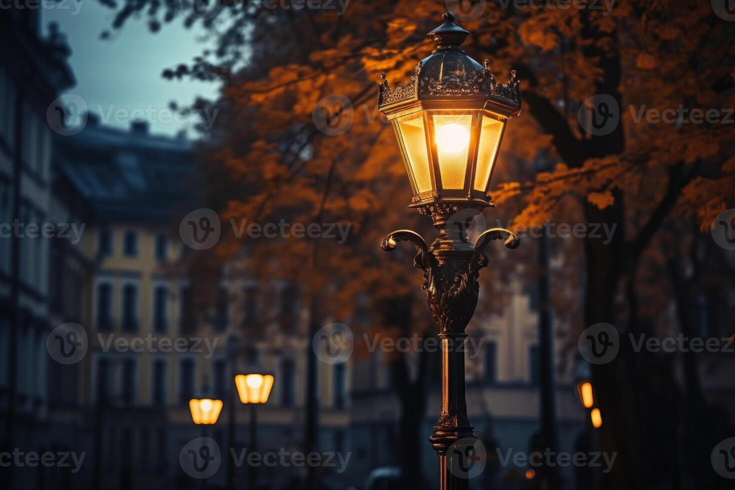 ai généré rustique lampe foudre sur vieux rue. produire ai photo