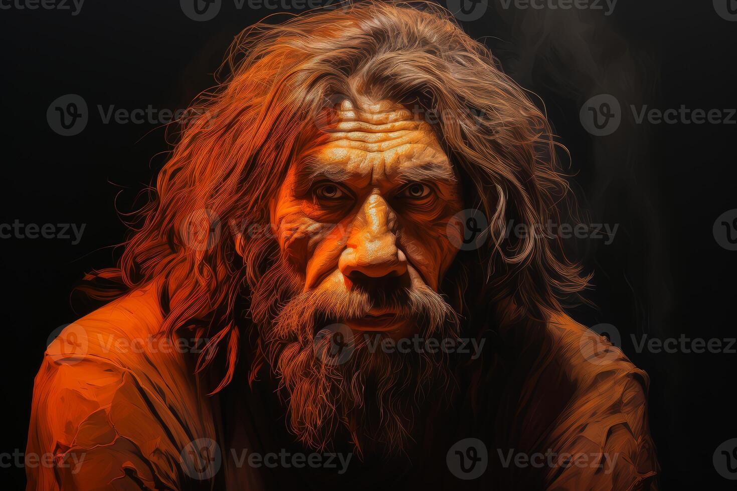 ai généré contemplatif Néandertal homme visage Orange Contexte. produire ai photo