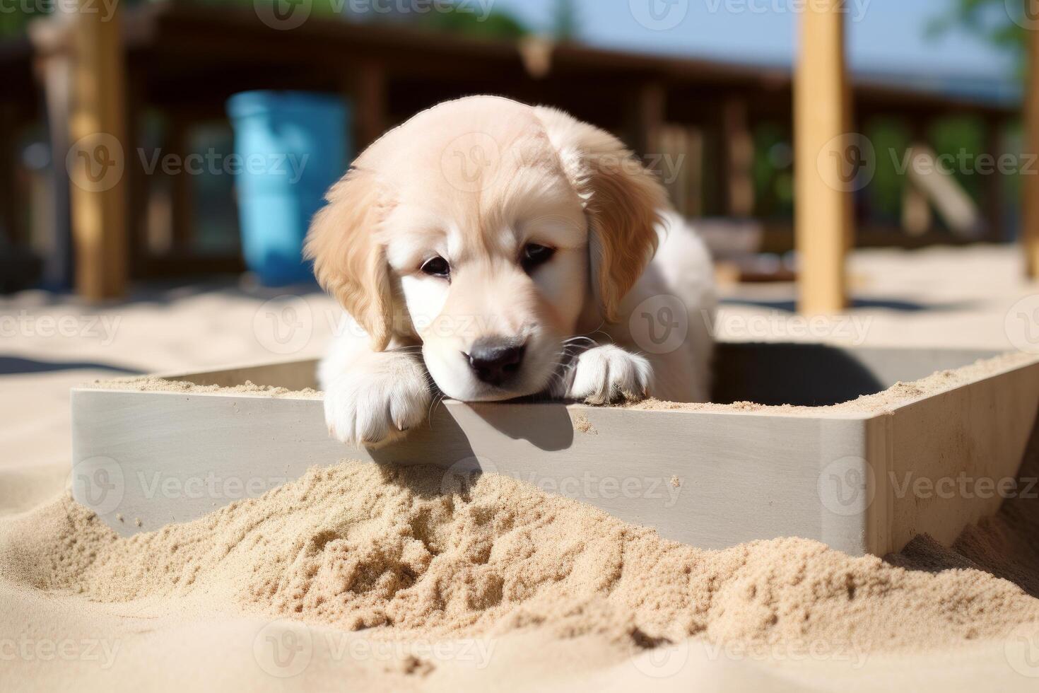 ai généré sablonneux carlin chiot dans bac à sable à ensoleillé journée. produire ai photo