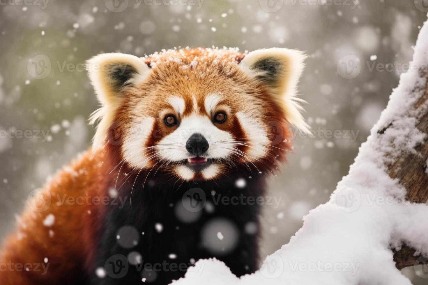 ai généré espiègle rouge Panda hiver neige. produire ai photo