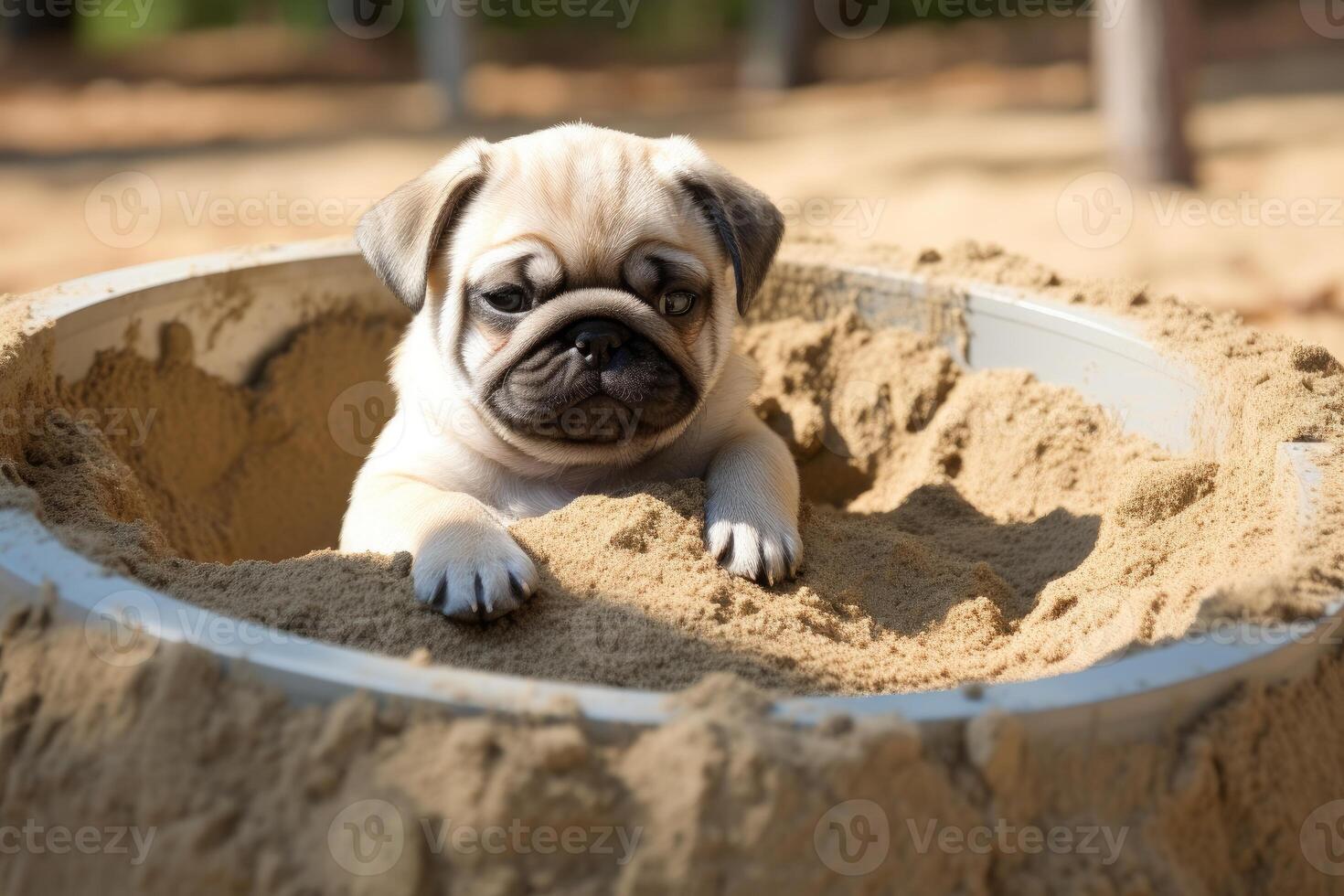 ai généré espiègle carlin chiot dans bac à sable chienchien. produire ai photo