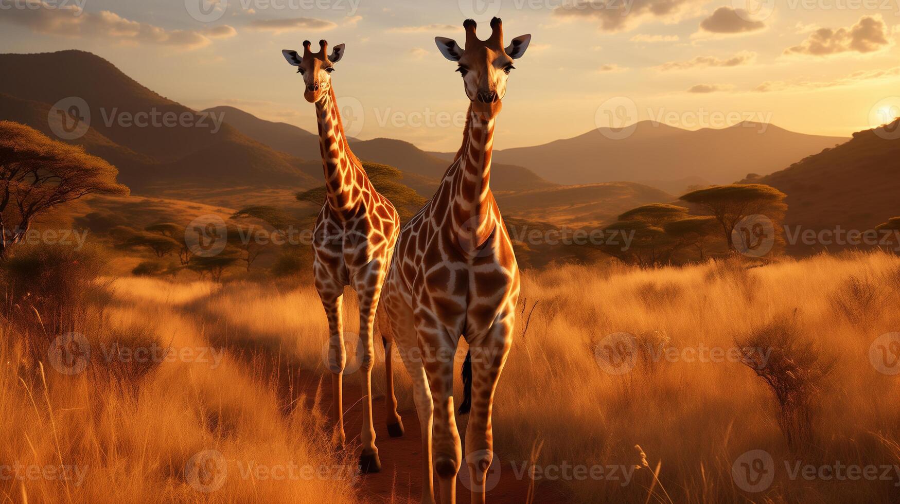 ai généré une groupe de girafes dans le africain savane contre le toile de fond de une magnifique le coucher du soleil photo