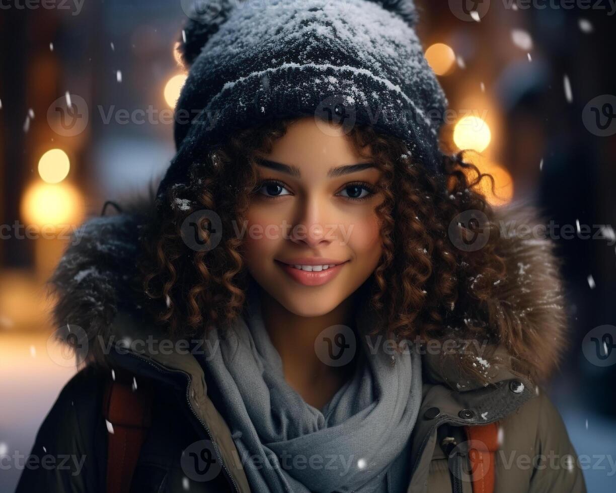 ai généré portrait de une Jeune magnifique afro américain fille dans une chapeau dans une hiver nuit ville photo