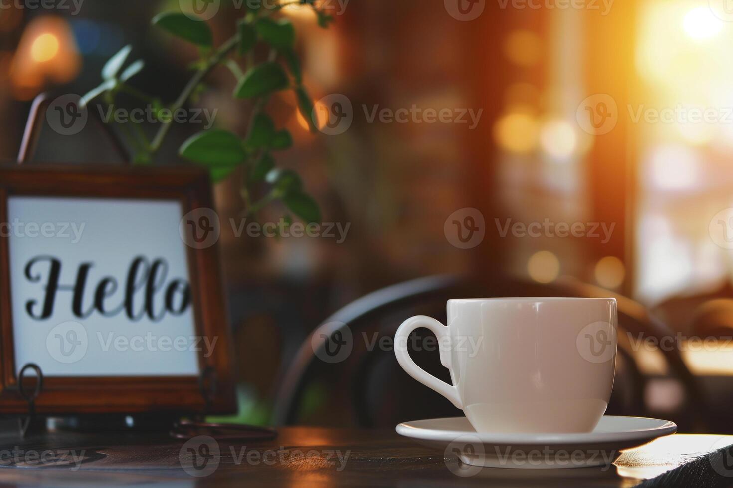 ai généré café tasse et tableau noir avec Bonjour texte sur table dans café photo