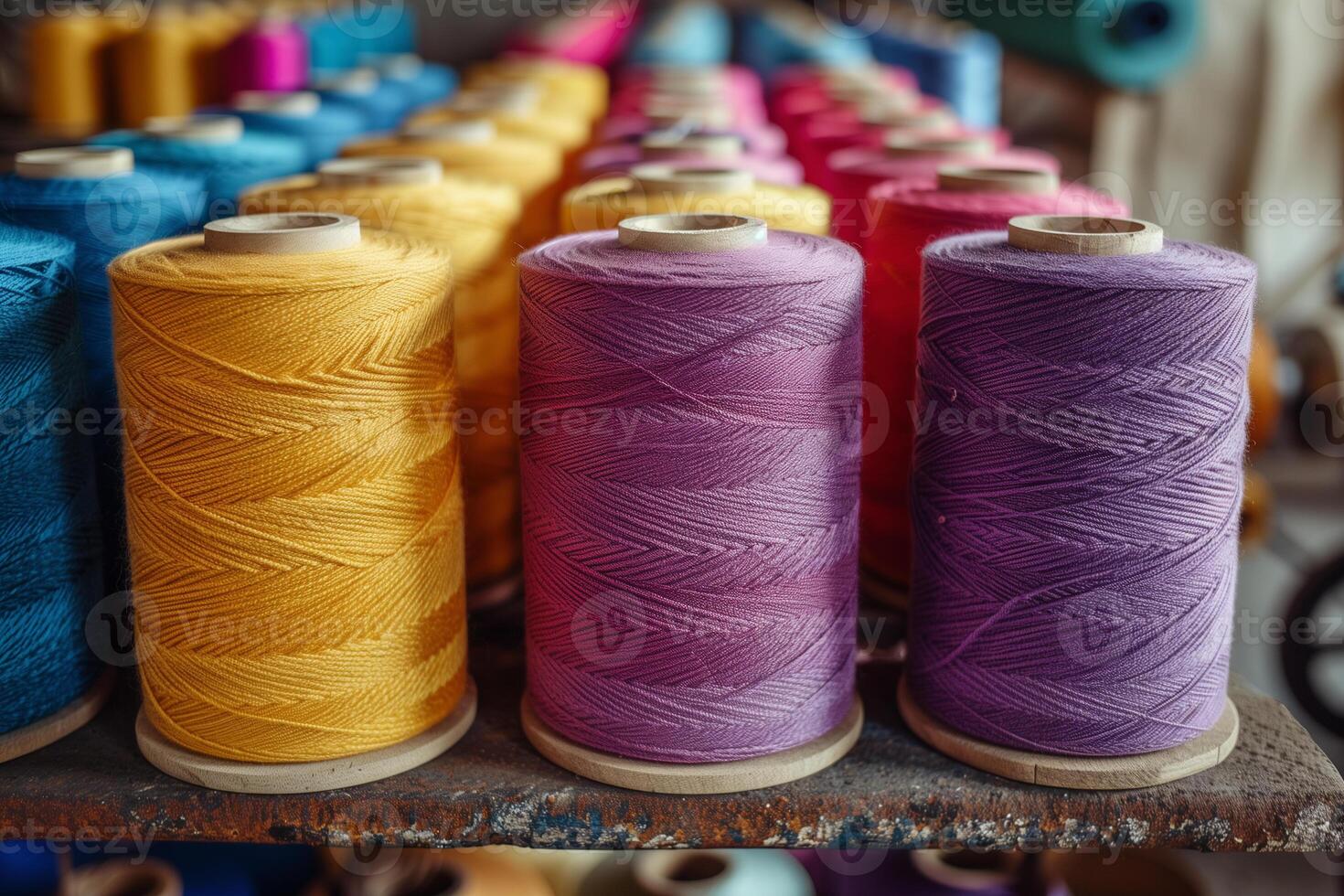 ai généré coloré bobines de fil dans une textile usine photo