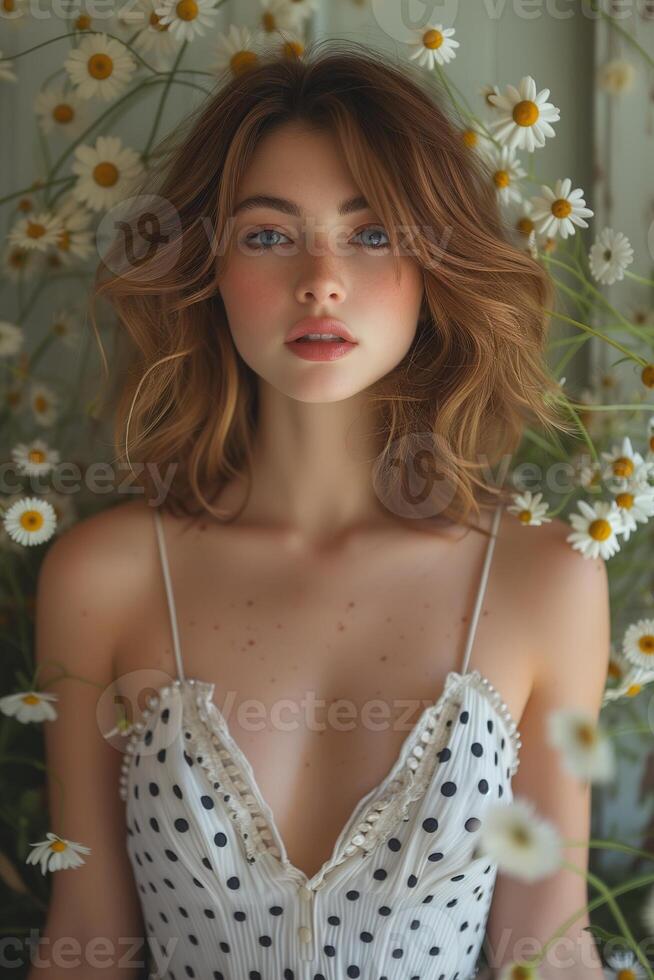 ai généré floral afficher charme fille dans polka point robe photo