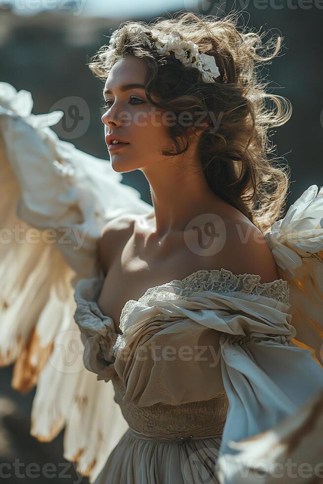 ai généré fantastique portrait de une Jeune femme ange avec ailes dans le ciel photo