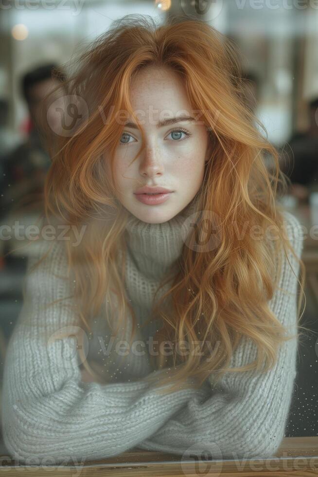 ai généré Urbain élégance de mauvaise humeur portrait de rouge aux cheveux femme dans moderne café près le fenêtre photo