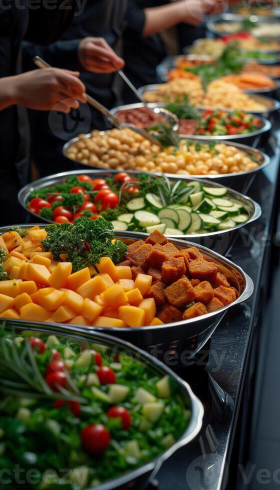 ai généré traiteur buffet délice groupe à manger sur Viande et Frais produire photo