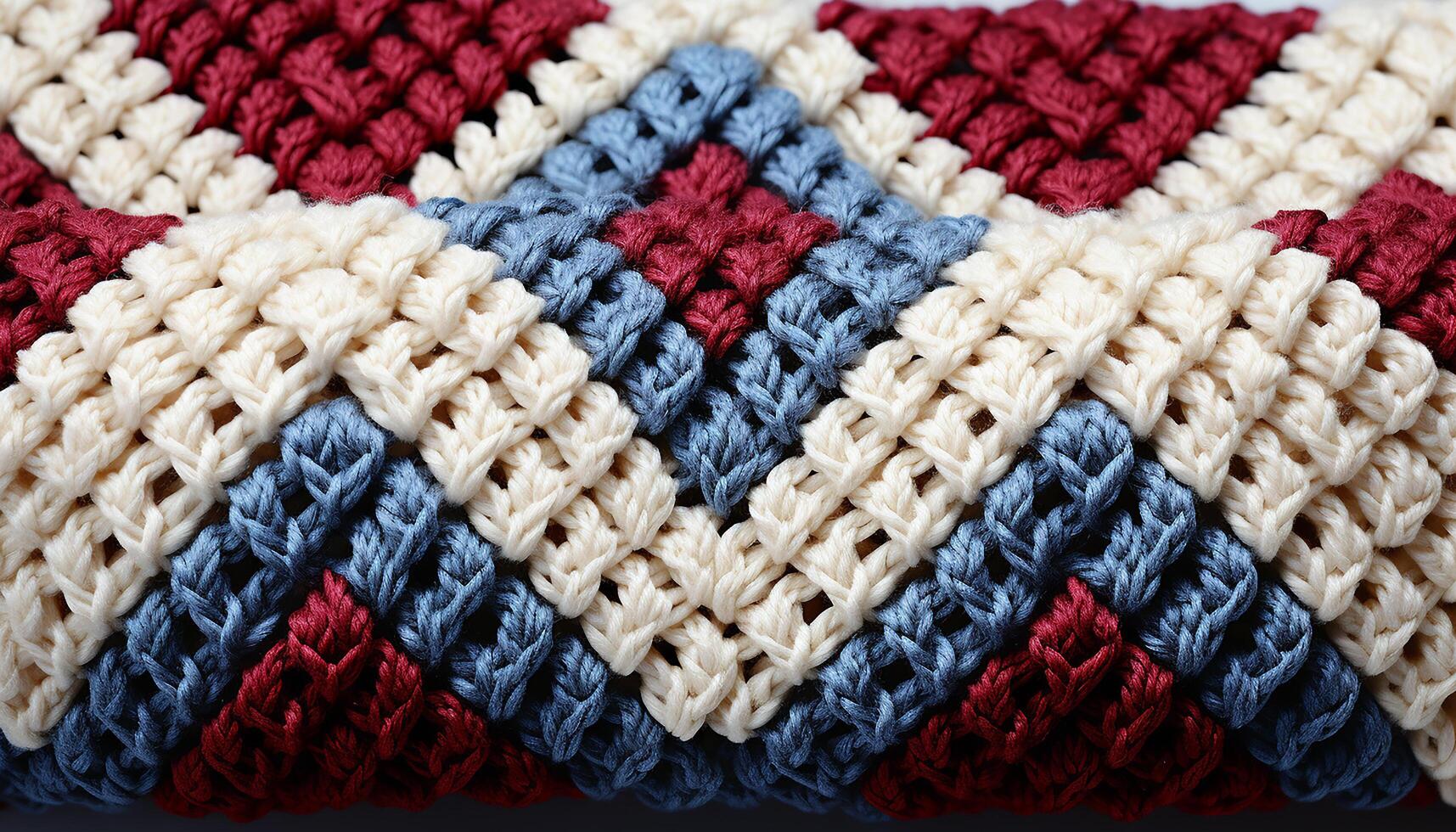 ai généré fait maison la laine tapis, vibrant couleurs, géométrique modèle, confortable hiver décoration généré par ai photo