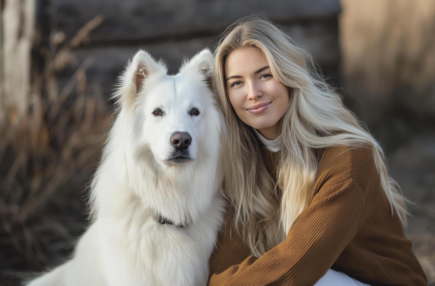 ai généré blond femme avec blanc chien photo