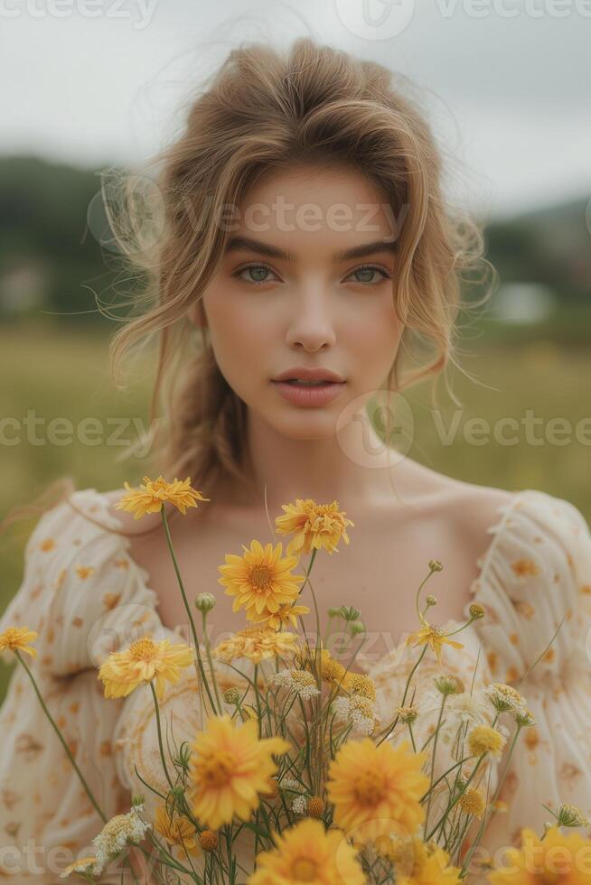 ai généré Jeune caucasien femme en portant Jaune fleur bouquet photo