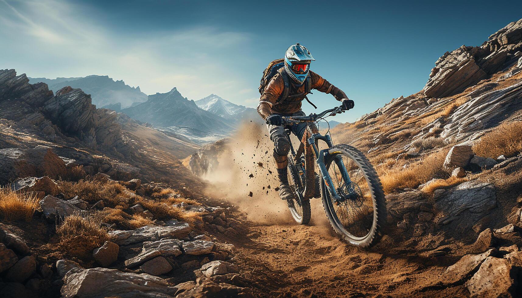 ai généré Hommes cyclisme dans nature, Montagne Cyclisme, extrême des sports aventure généré par ai photo