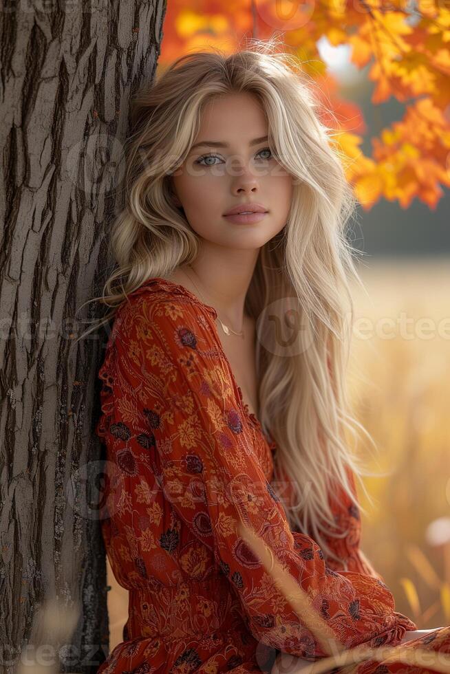 ai généré magnifique blond femme dans rouge orange robe posant par arbre avec coloré feuilles photo