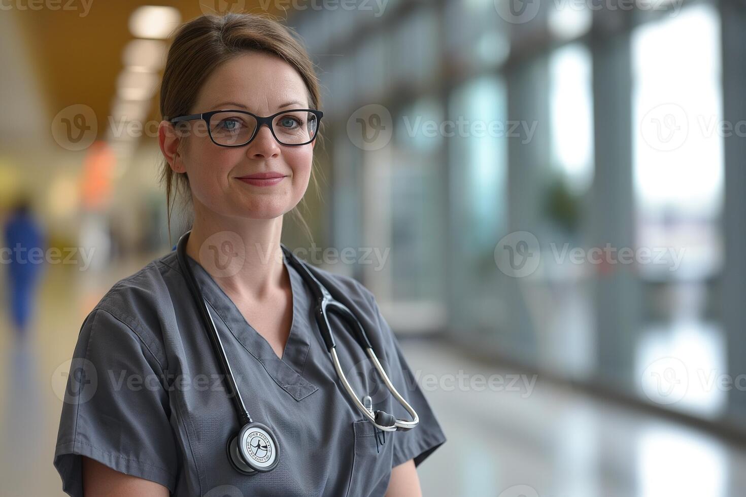 ai généré portrait de une femme à propos 30 ans vieux dans une gris infirmière uniforme dans une hôpital photo