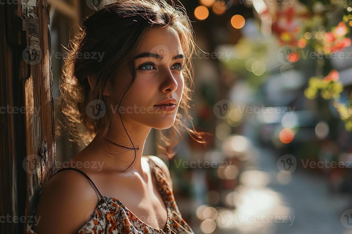 ai généré magnifique Jeune femme portant robe et en marchant sur rue dans printemps photo