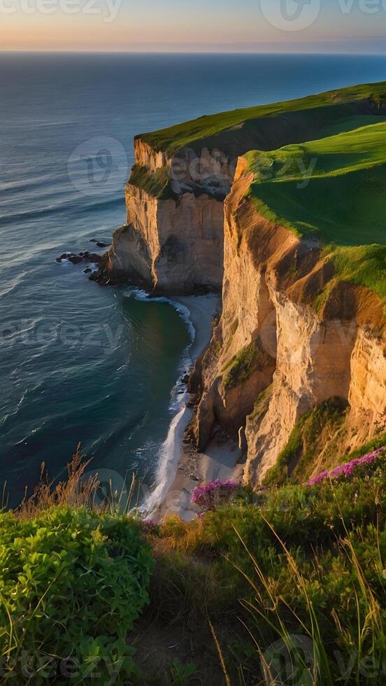 ai généré Stupéfiant bluffs falaise vues surplombant océan au dessous de photo