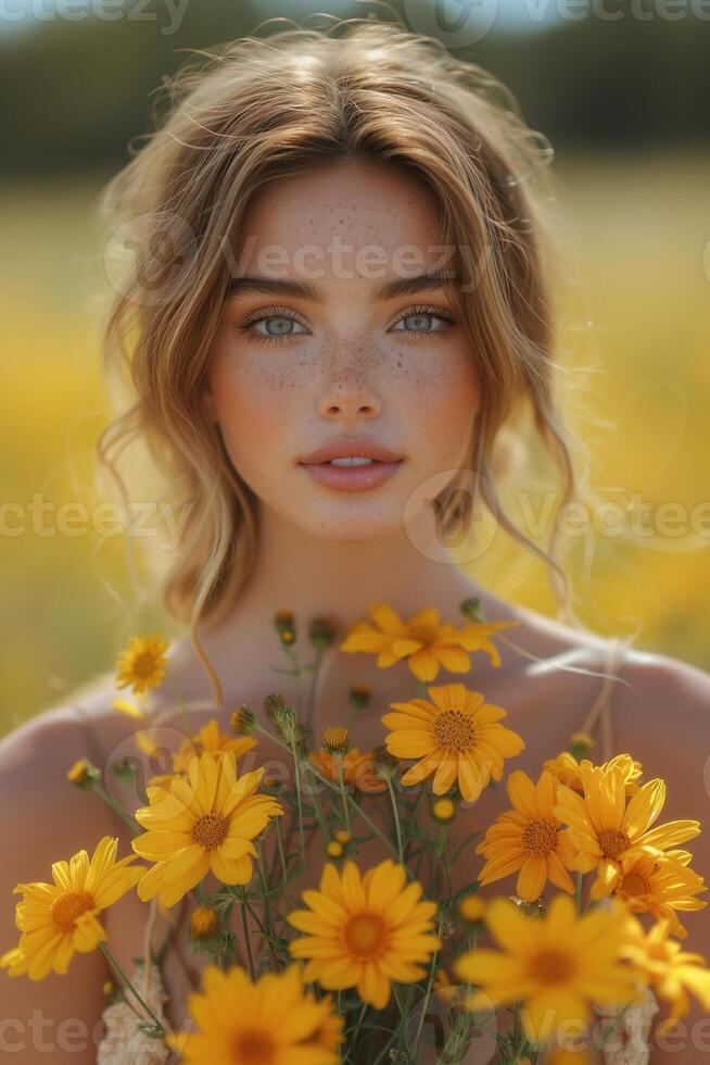 ai généré Jeune caucasien femme en portant Jaune fleur bouquet photo