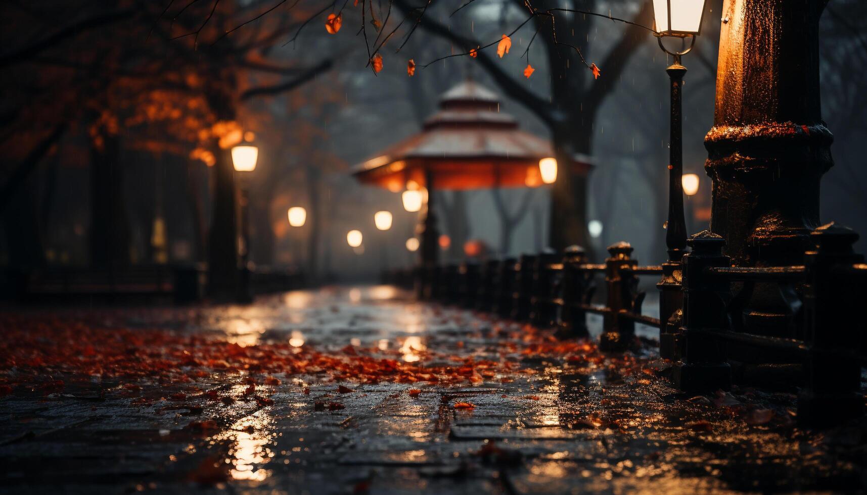 ai généré nuit lanternes éclairer le foncé rue, la nature illuminé architecture dans l'automne généré par ai photo