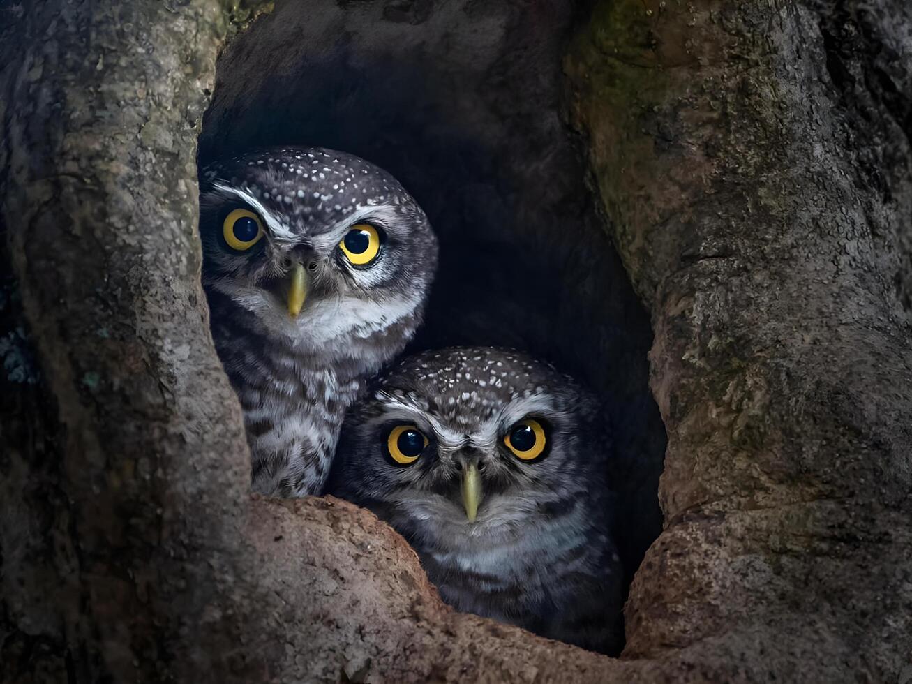 deux chouettes sont séance dans une creux arbre photo