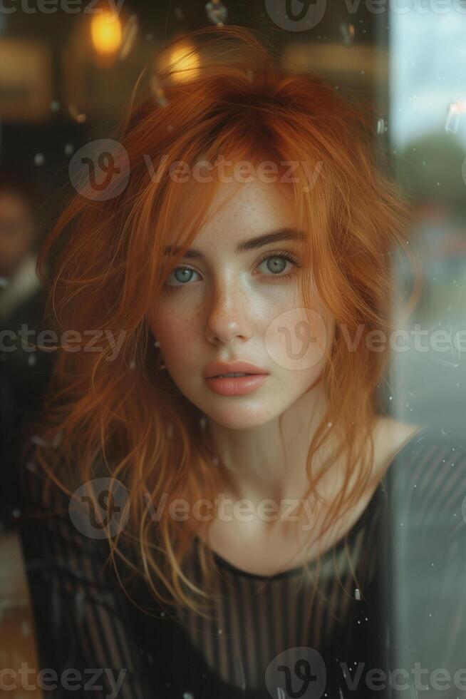 ai généré Urbain élégance de mauvaise humeur portrait de rouge aux cheveux femme dans moderne café près le fenêtre photo