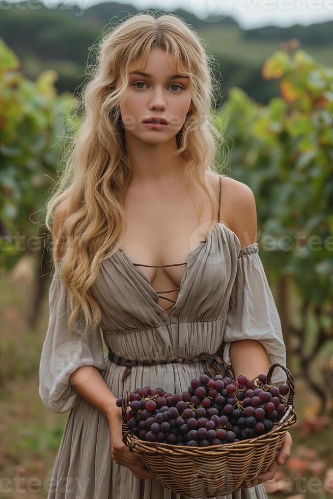 ai généré une femme dans une longue lumière jupe et court Haut dans une vignoble recueille les raisins dans une panier photo