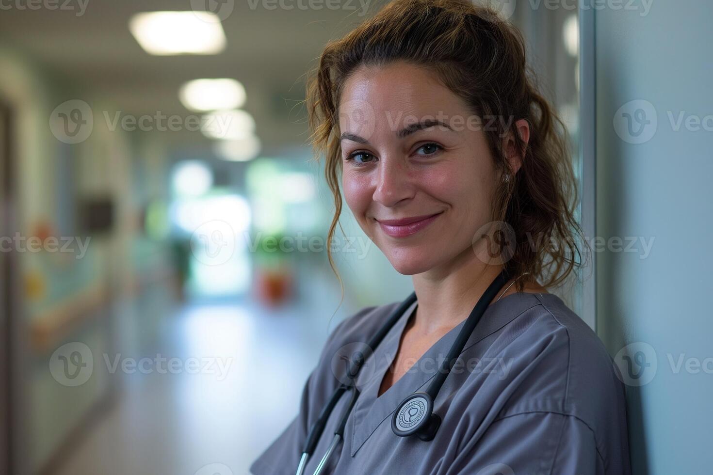 ai généré portrait de une femme à propos 30 ans vieux dans une gris infirmière uniforme dans une hôpital photo