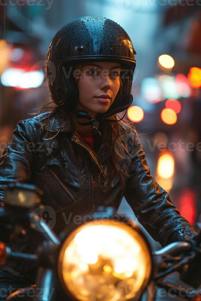 ai généré portrait de une Jeune motard femme dans pluvieux temps photo