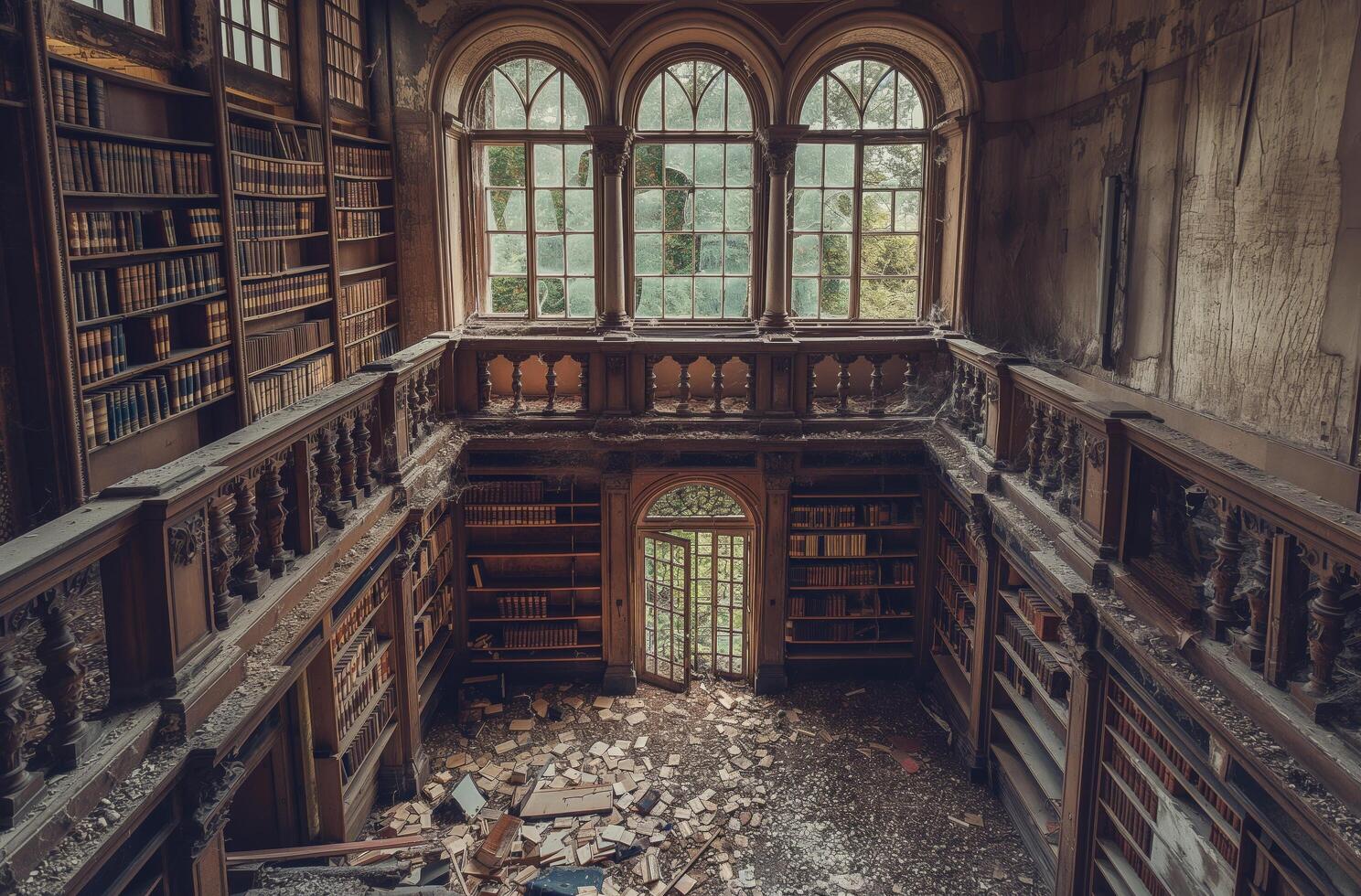 ai généré le majesté de un abandonné bibliothèque photo
