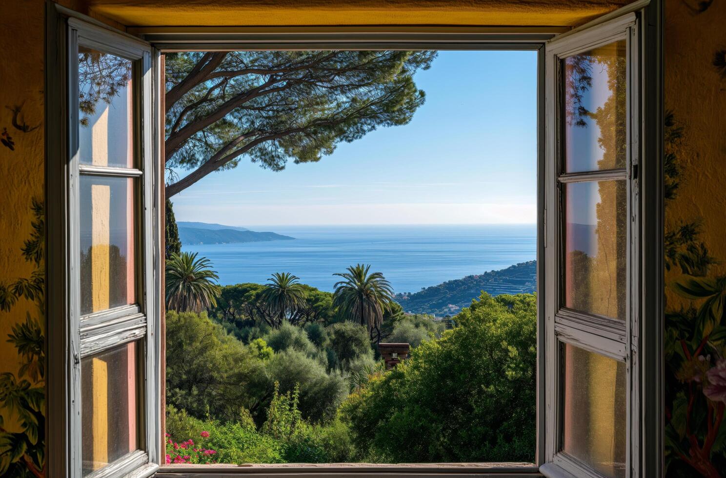 ai généré ouvert fenêtre vue à le cote ré azur photo