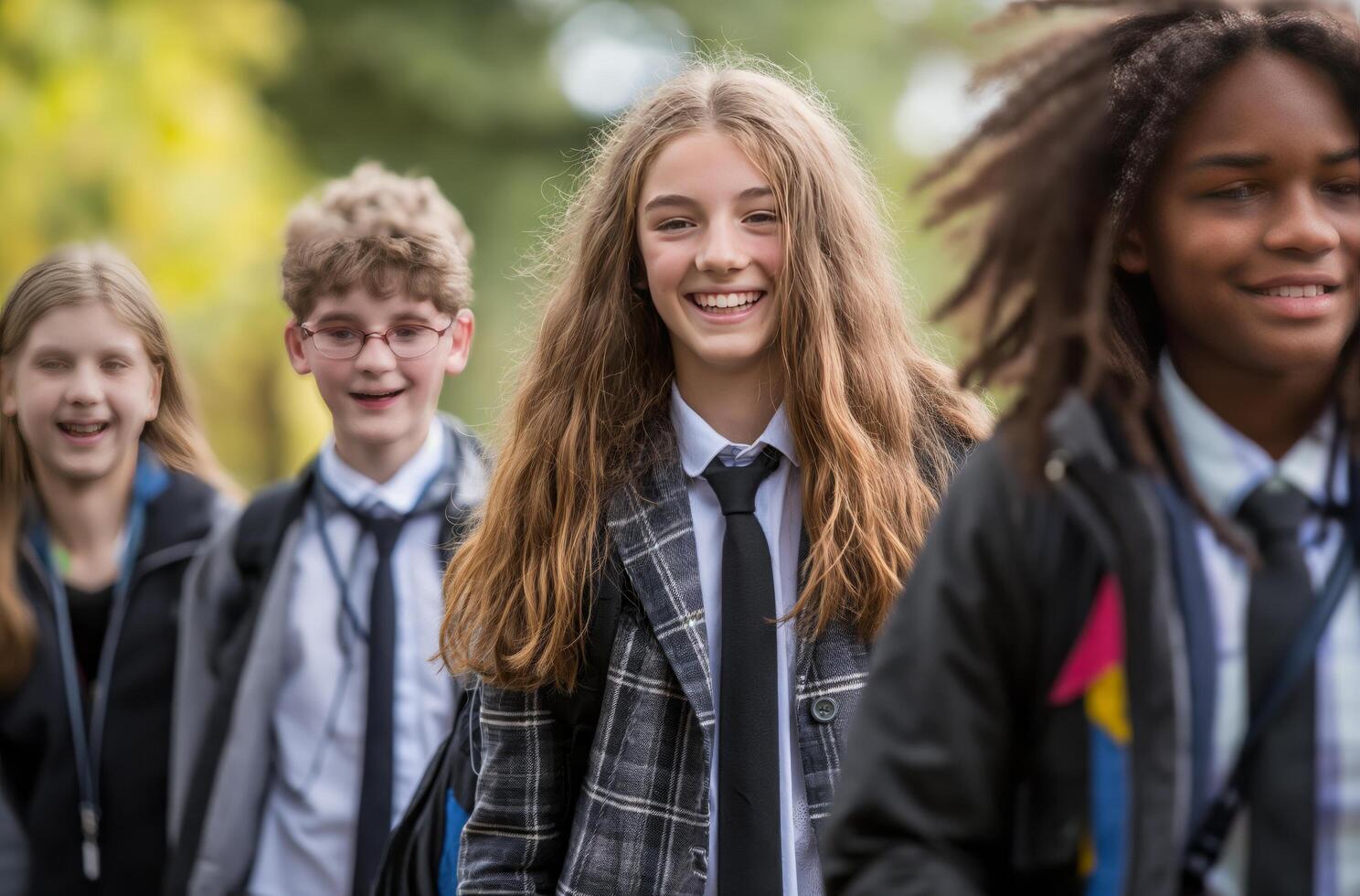 ai généré souriant élèves dans uniforme photo