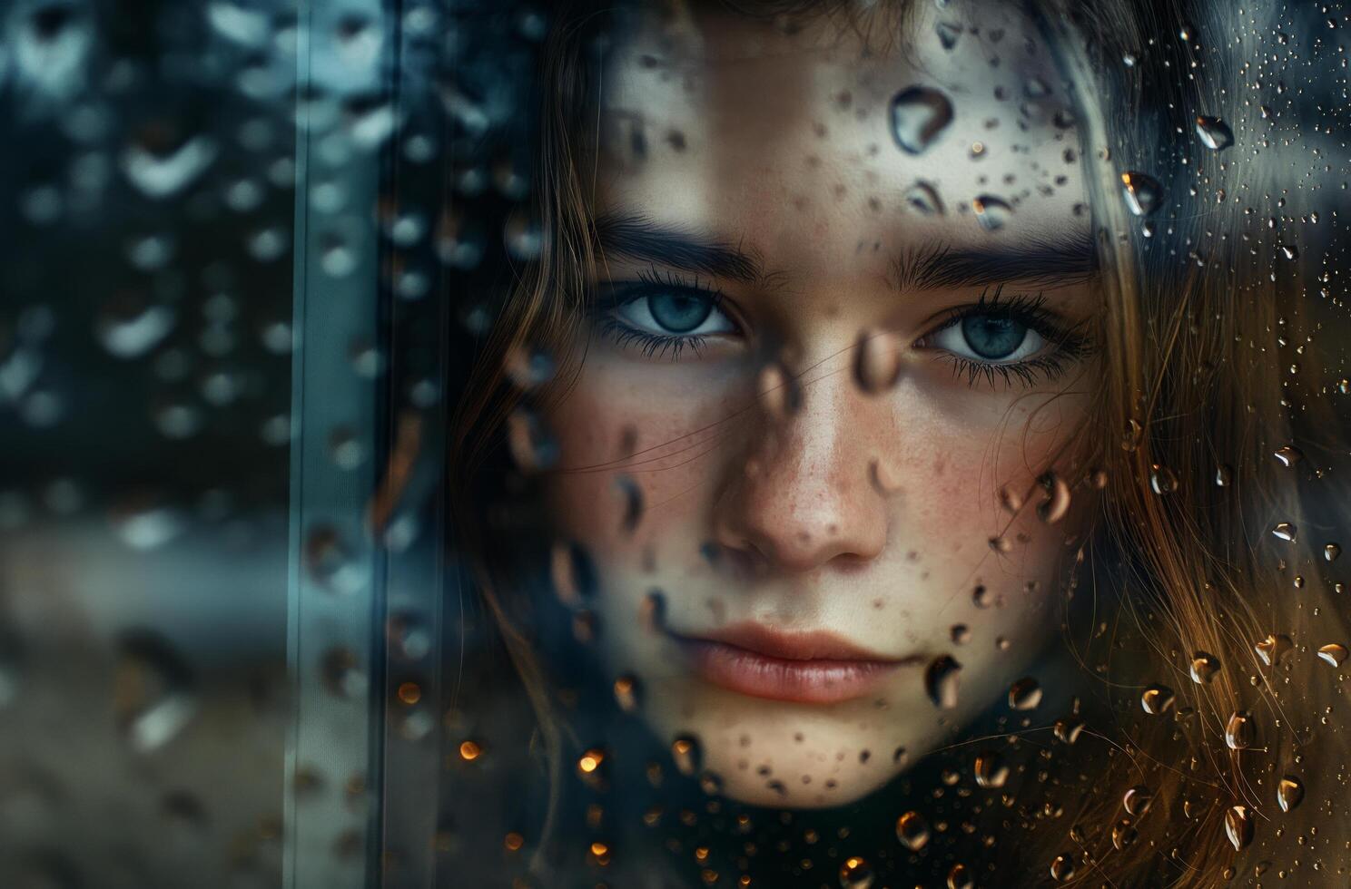 ai généré adolescent fille derrière gouttes de pluie photo