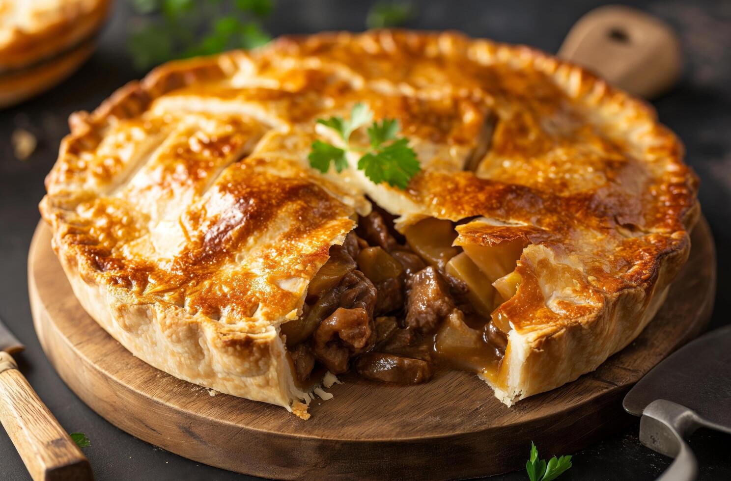 ai généré steak et champignon tarte sur en bois planche photo