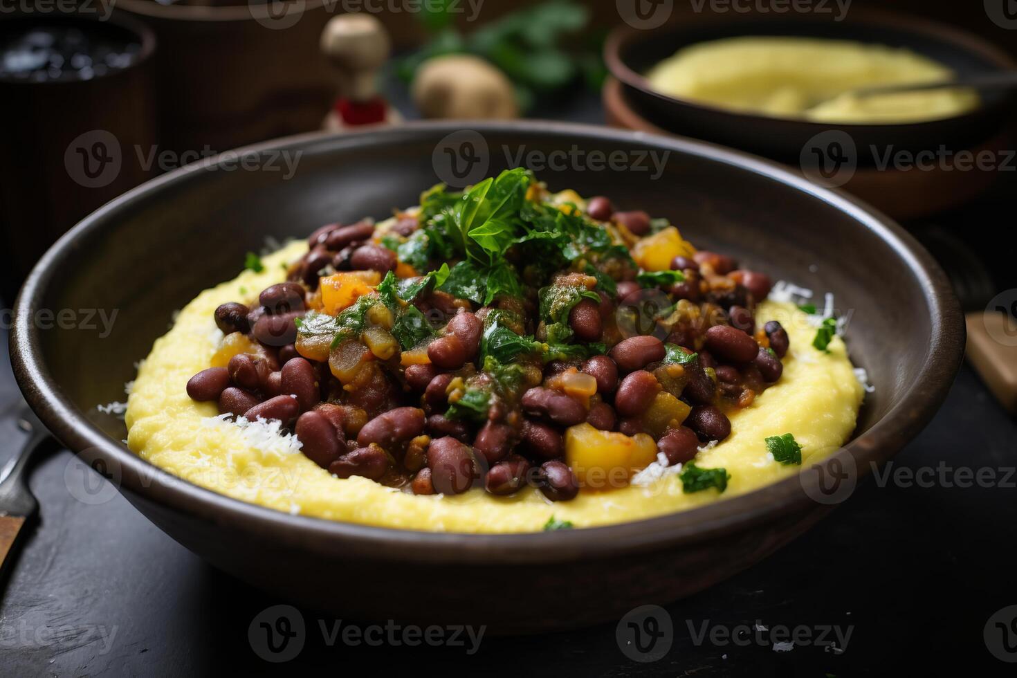 ai généré chaud mains en portant polenta des haricots bol. produire ai photo