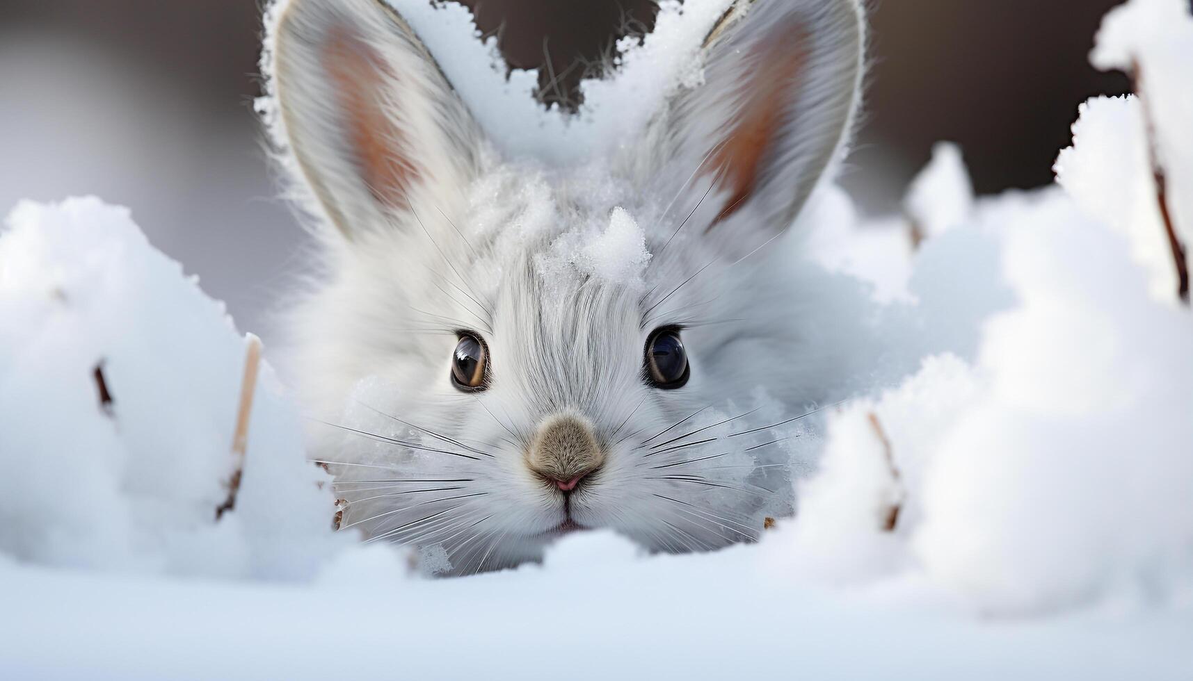 ai généré mignonne duveteux lapin séance dans neige, à la recherche à caméra généré par ai photo