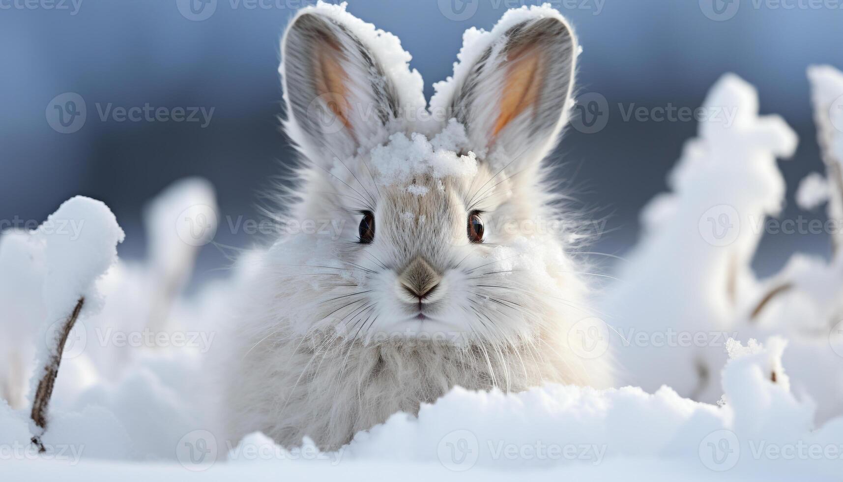 ai généré mignonne duveteux lapin séance dans neige, à la recherche à caméra généré par ai photo