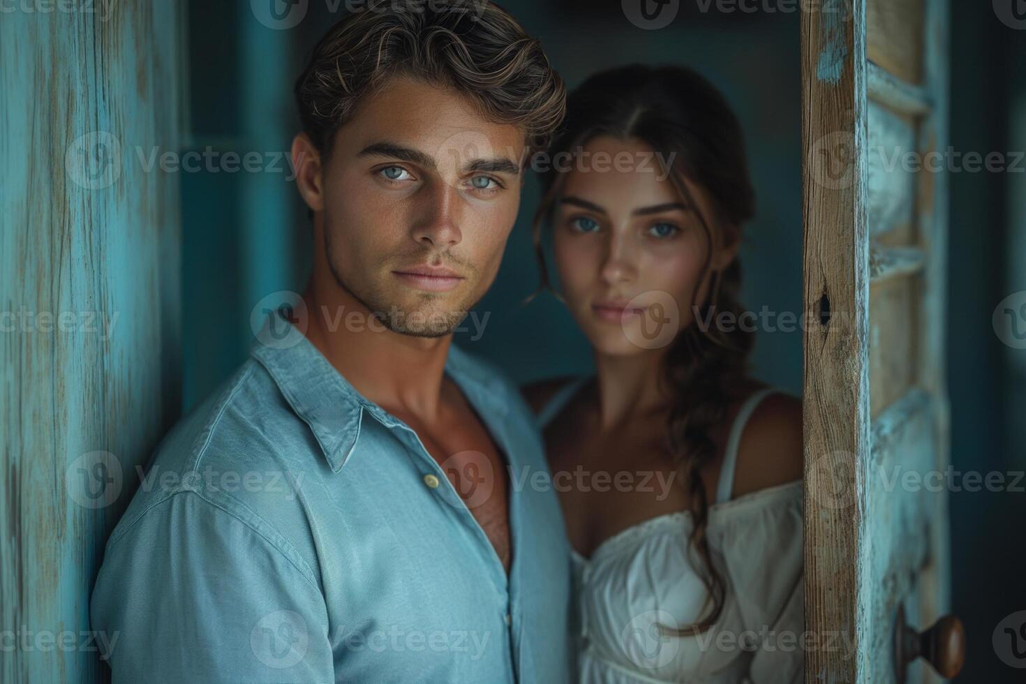 ai généré Jeune Anglais homme dans bleu chemise est permanent proche à le porte de une silencieux foncé luxuriant pièce dans le nuit avec une Jeune Dame dans blanc bras robe photo