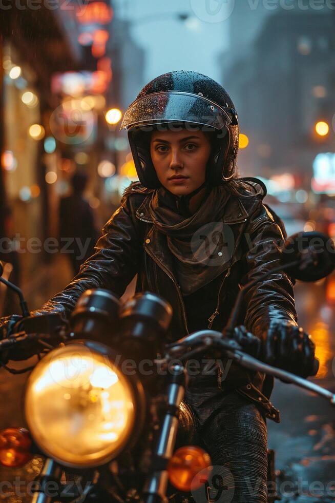 ai généré portrait de une Jeune motard femme dans pluvieux temps photo