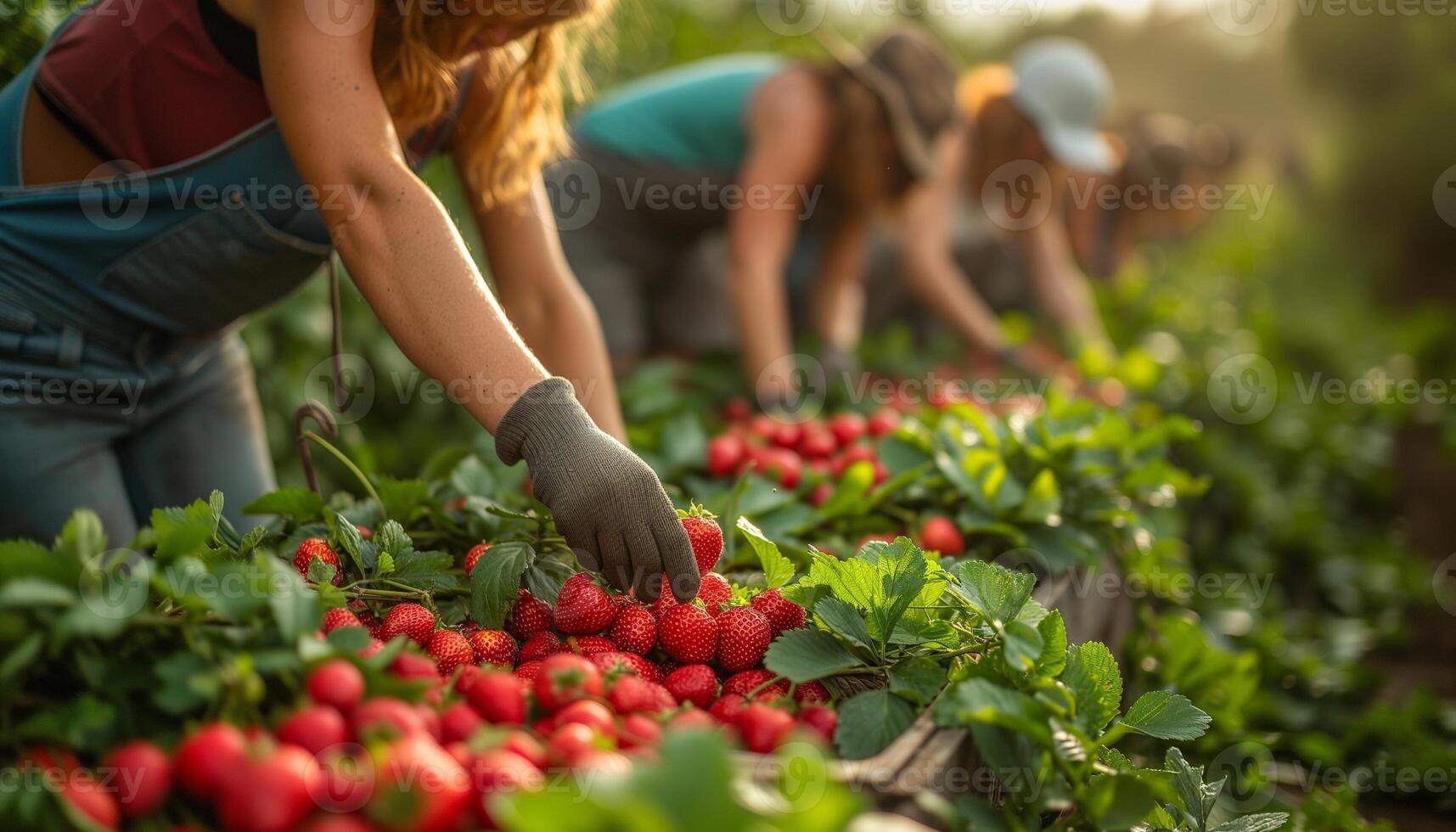 ai généré fruit cueillette dans été gens sur plantation photo