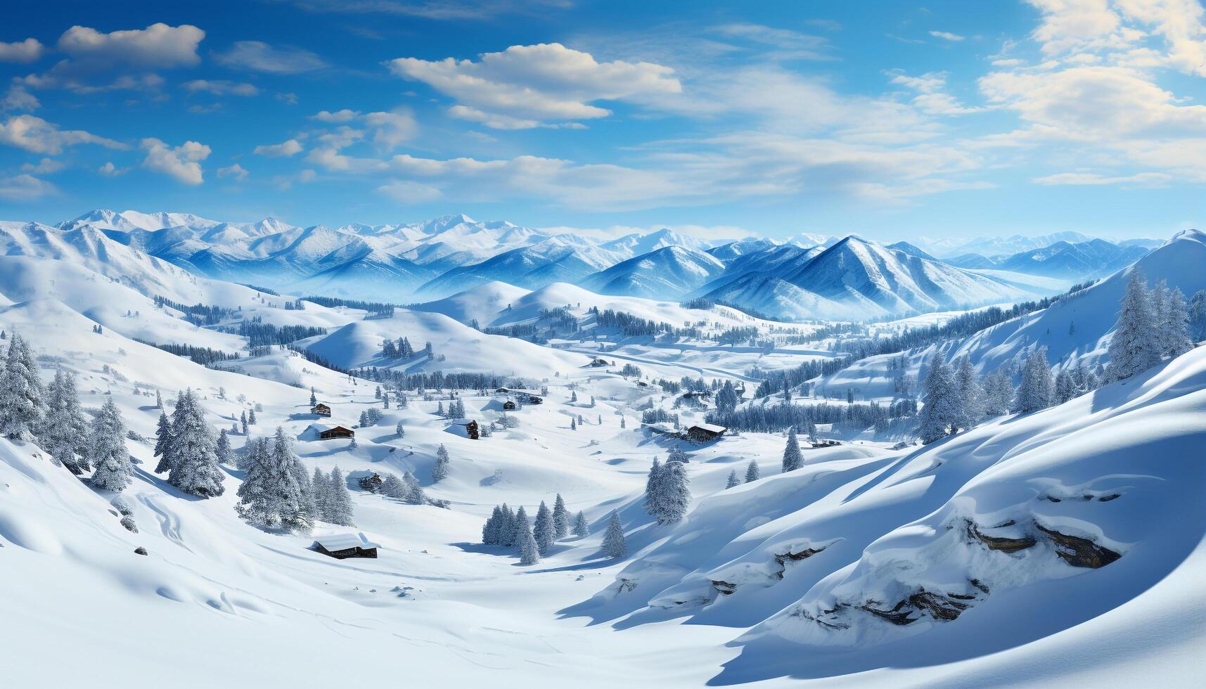 ai généré tranquille hiver paysage neigeux montagnes, bleu ciel, et pin des arbres généré par ai photo