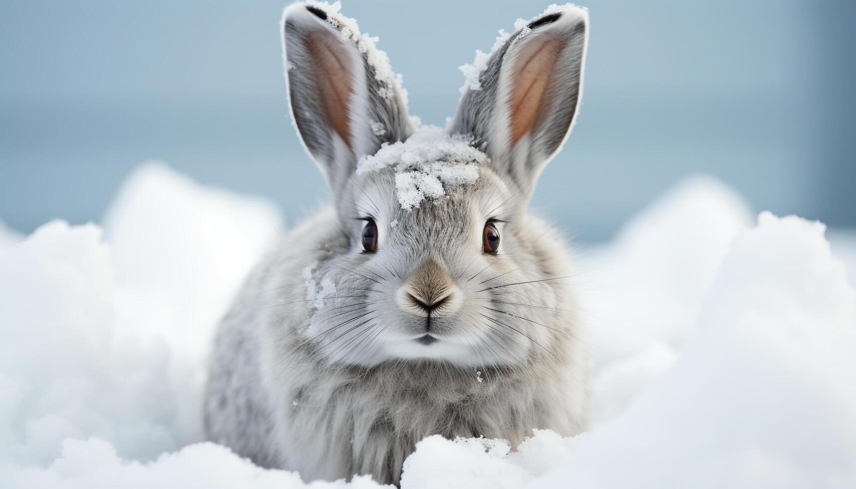 ai généré mignonne duveteux lapin séance dans le neige, à la recherche à caméra généré par ai photo