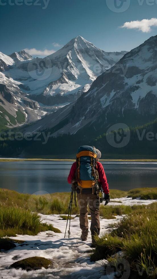 ai généré épique exploration aventuriers trekking à travers sauvage région sauvage photo