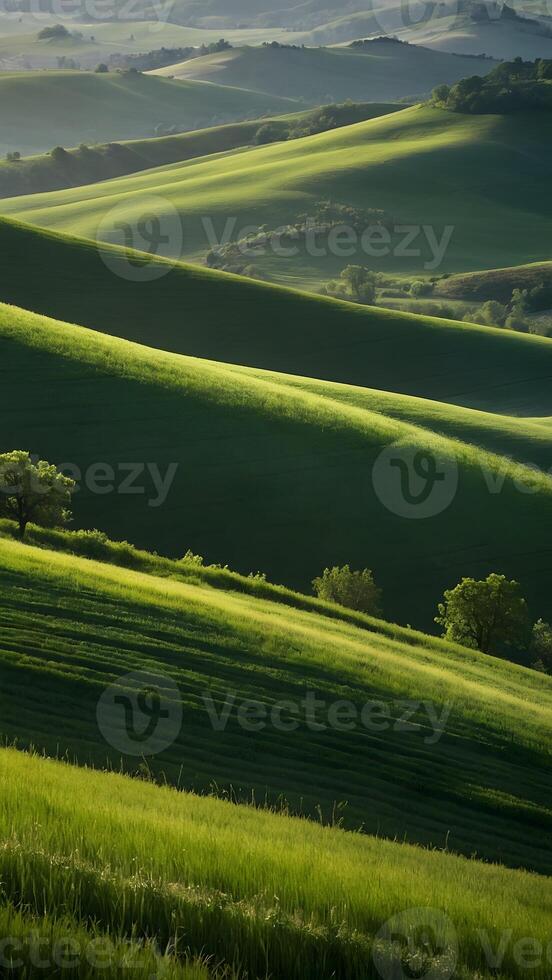 ai généré roulant collines verdoyant vert des champs élongation à le horizon photo