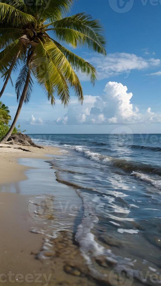 ai généré tropical paradis paume des arbres balancement dans doux océan brise photo